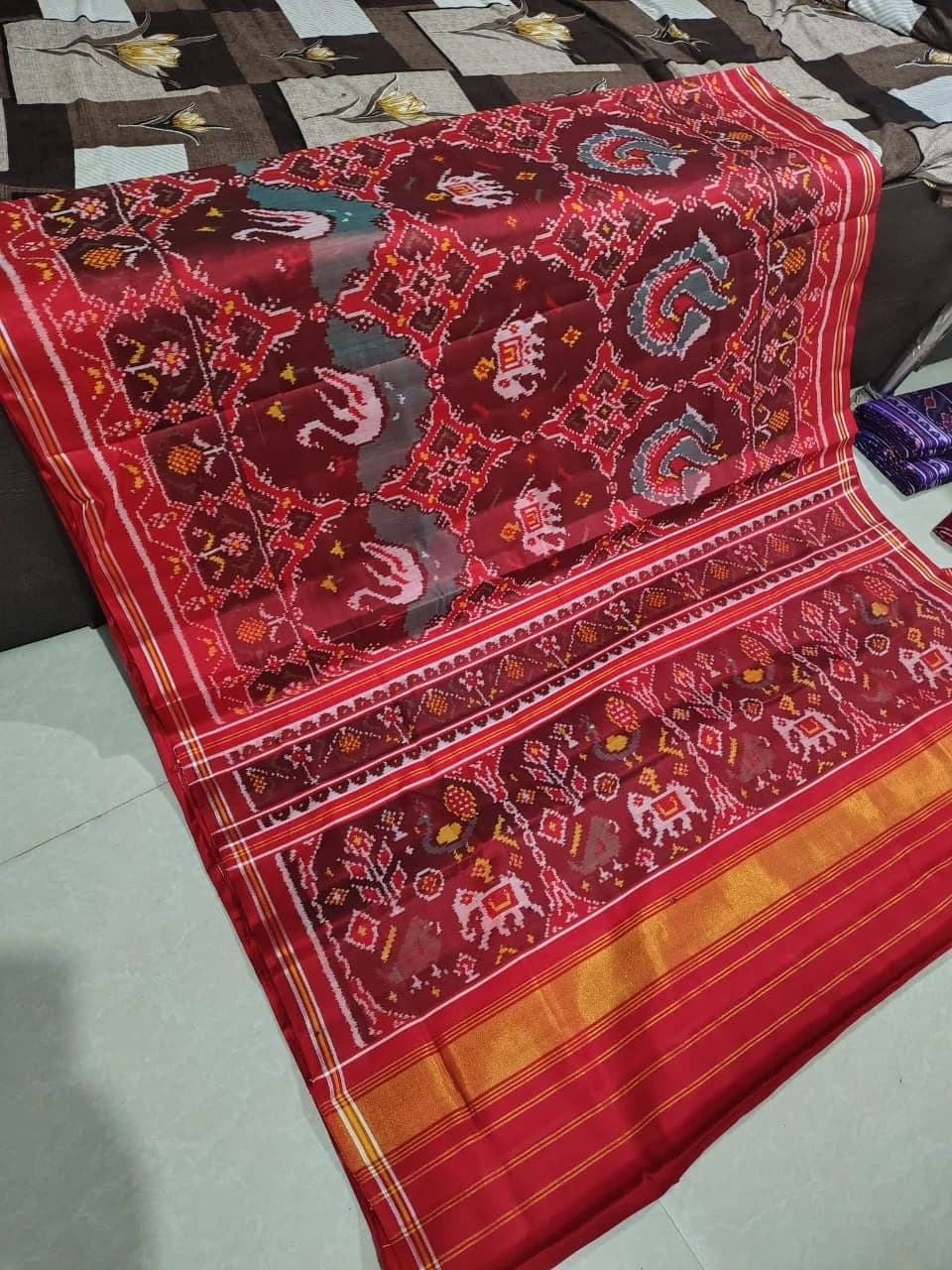 Crimson Red Kunjar Popat Double Ikat Silk Saree