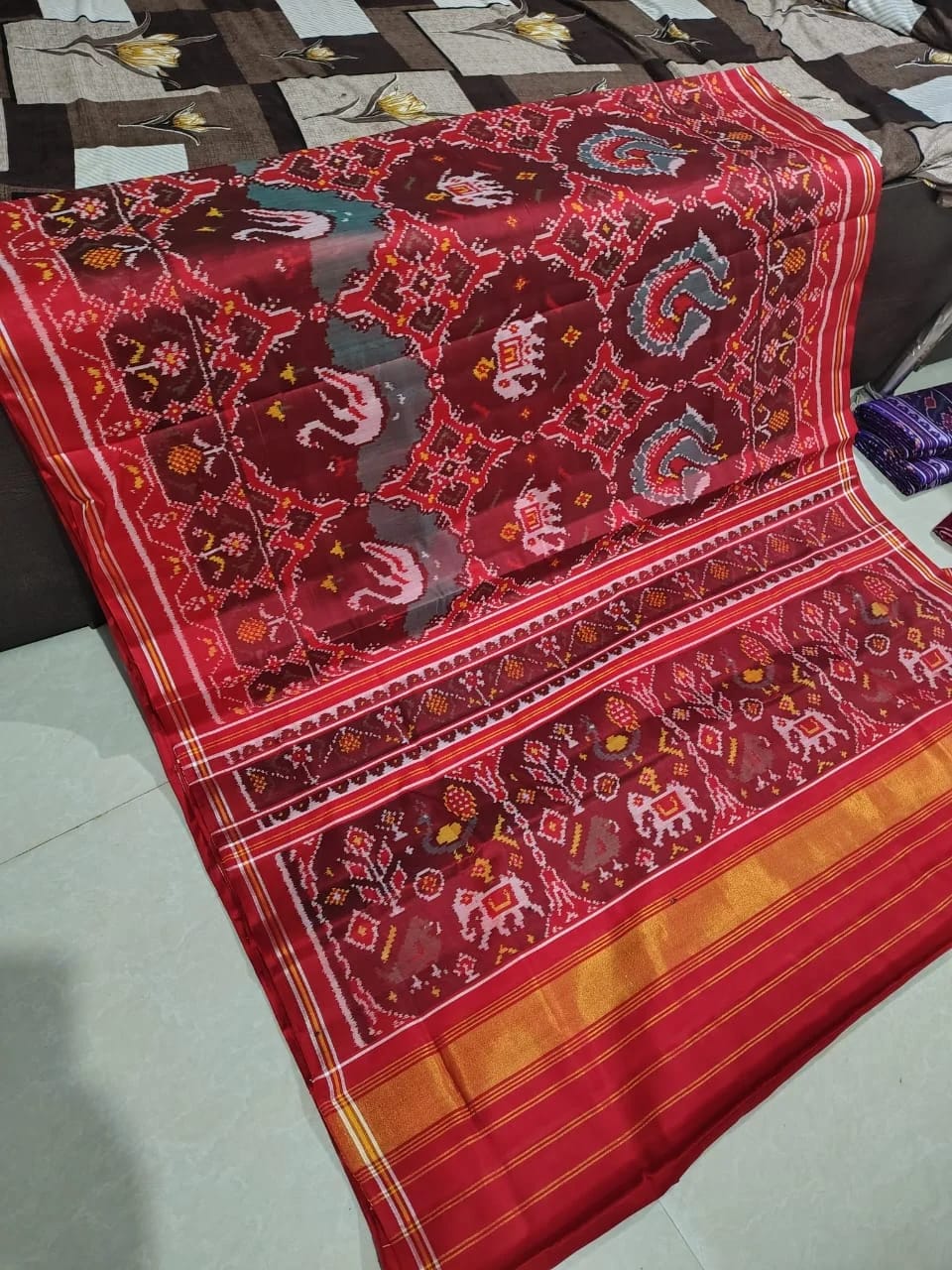 Crimson Red Kunjar Popat Double Ikat Silk Saree