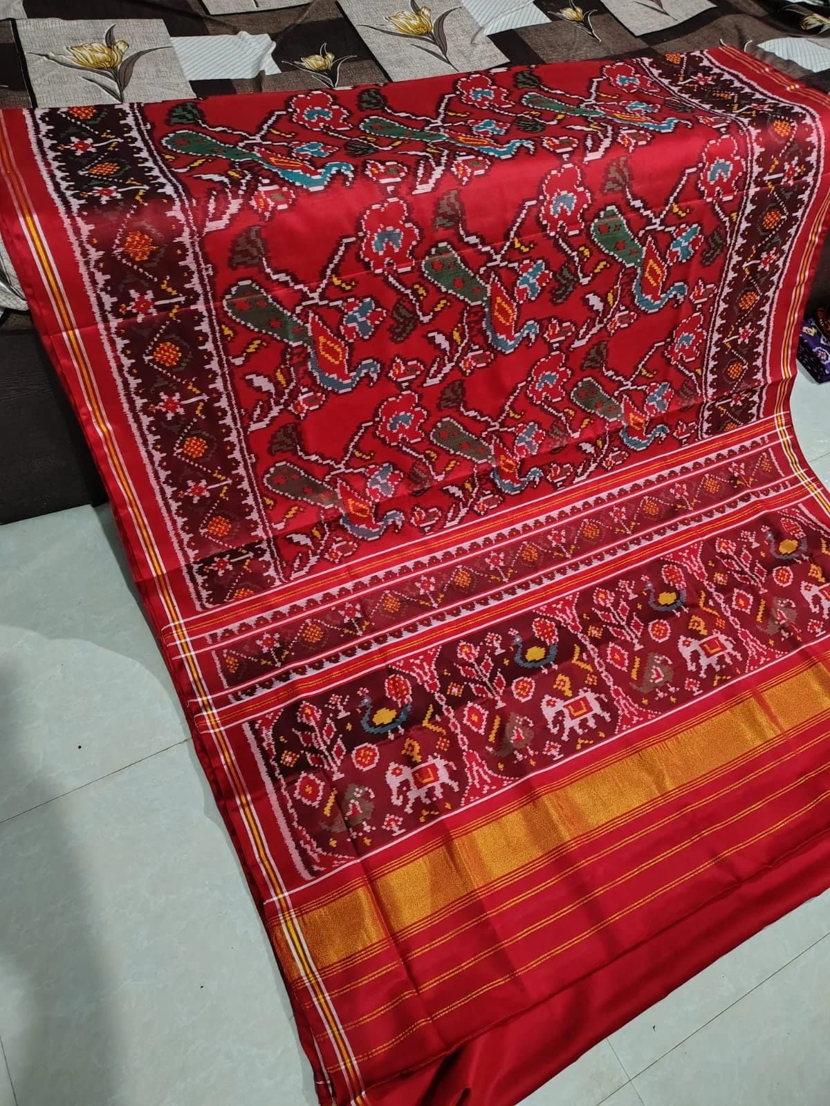 Ruby Red Mayur Floral Patola Silk Saree