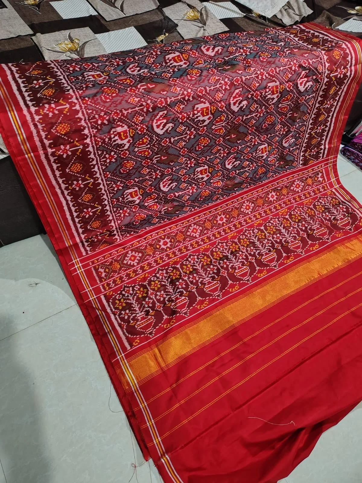 Scarlet Red & Gold Zari Tissue Patola Saree